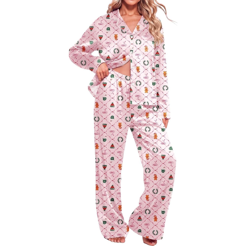 image:imageEkouaer Womens Christmas Pajamas Silk Satin Pjs 2 Piece Striped LoungewearChristmas Pink Wreath