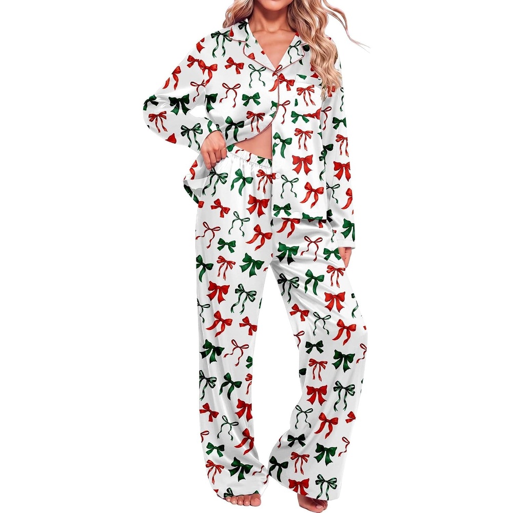 image:imageEkouaer Womens Christmas Pajamas Silk Satin Pjs 2 Piece Striped LoungewearColorful Bow