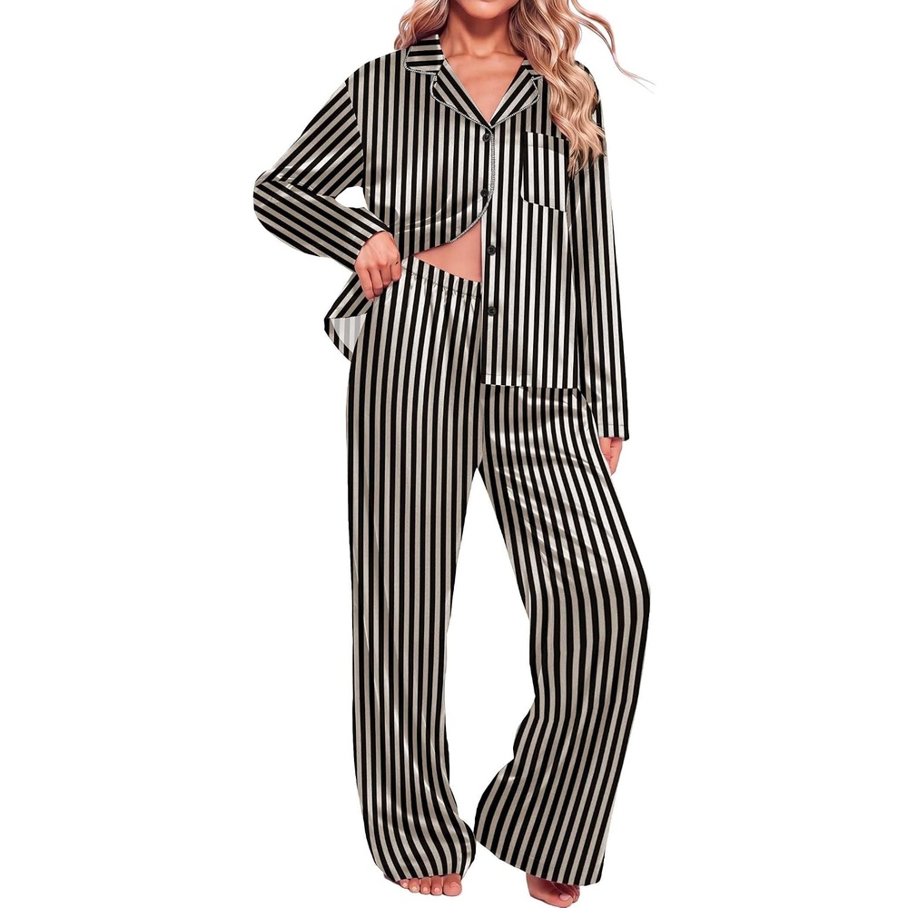 image:imageEkouaer Womens Christmas Pajamas Silk Satin Pjs 2 Piece Striped LoungewearStripe Black Champagne