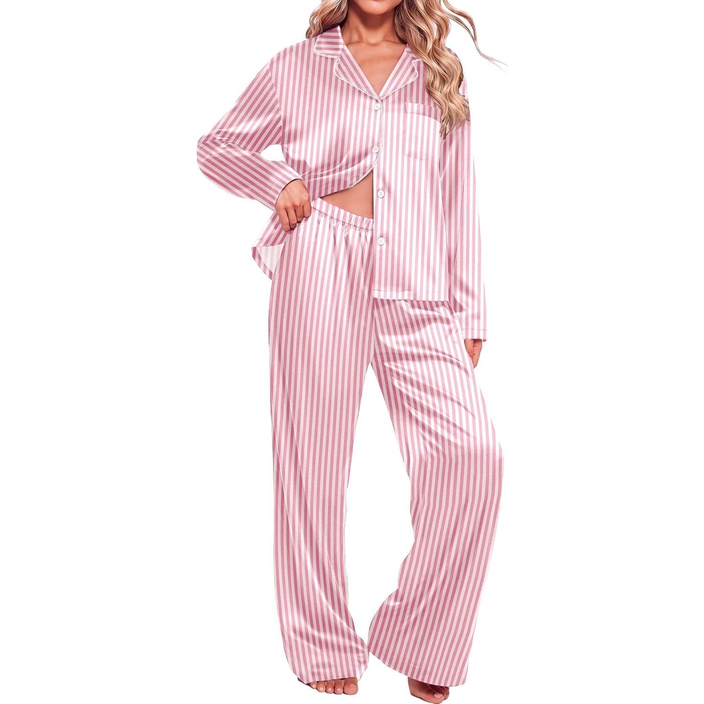 image:imageEkouaer Womens Christmas Pajamas Silk Satin Pjs 2 Piece Striped LoungewearStripe Pink White