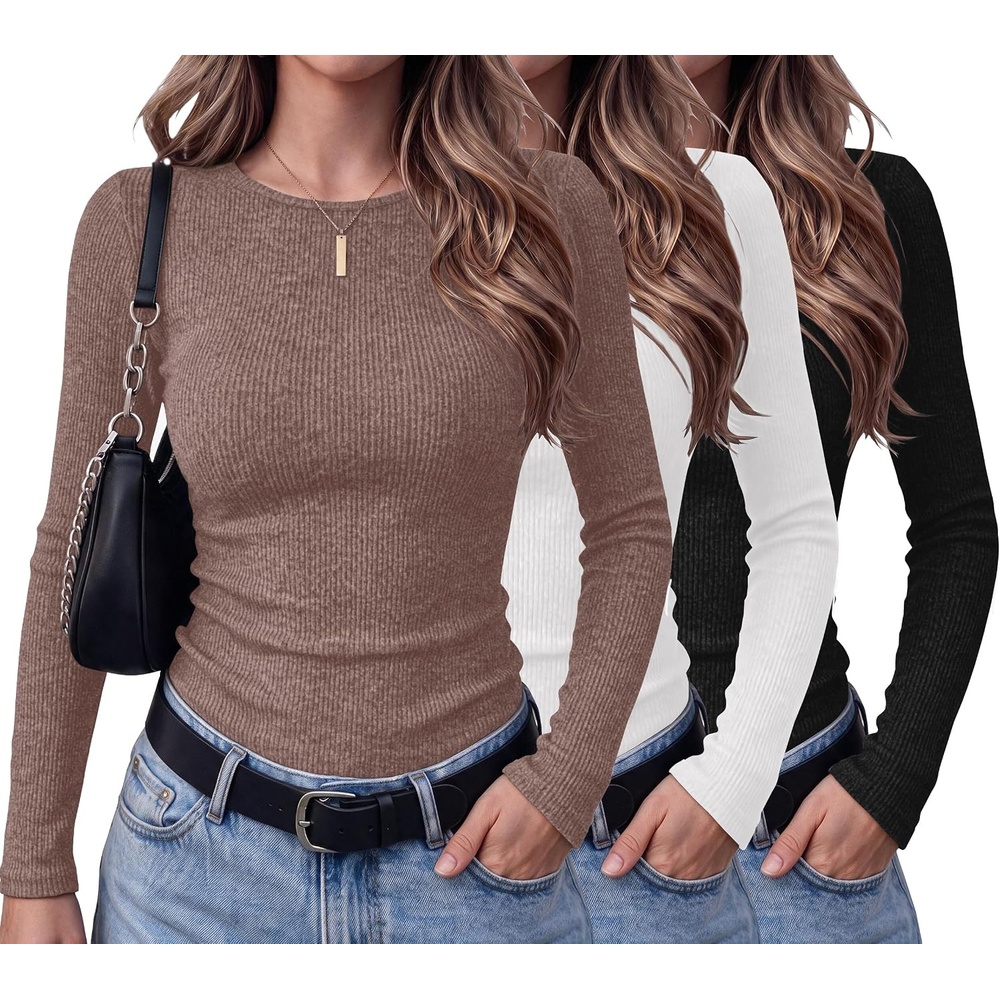 image:imageEkouaer Womens Long Sleeve Shirts Ribbed Tops Basic Thermal Undershirts3pcs Brown Black White