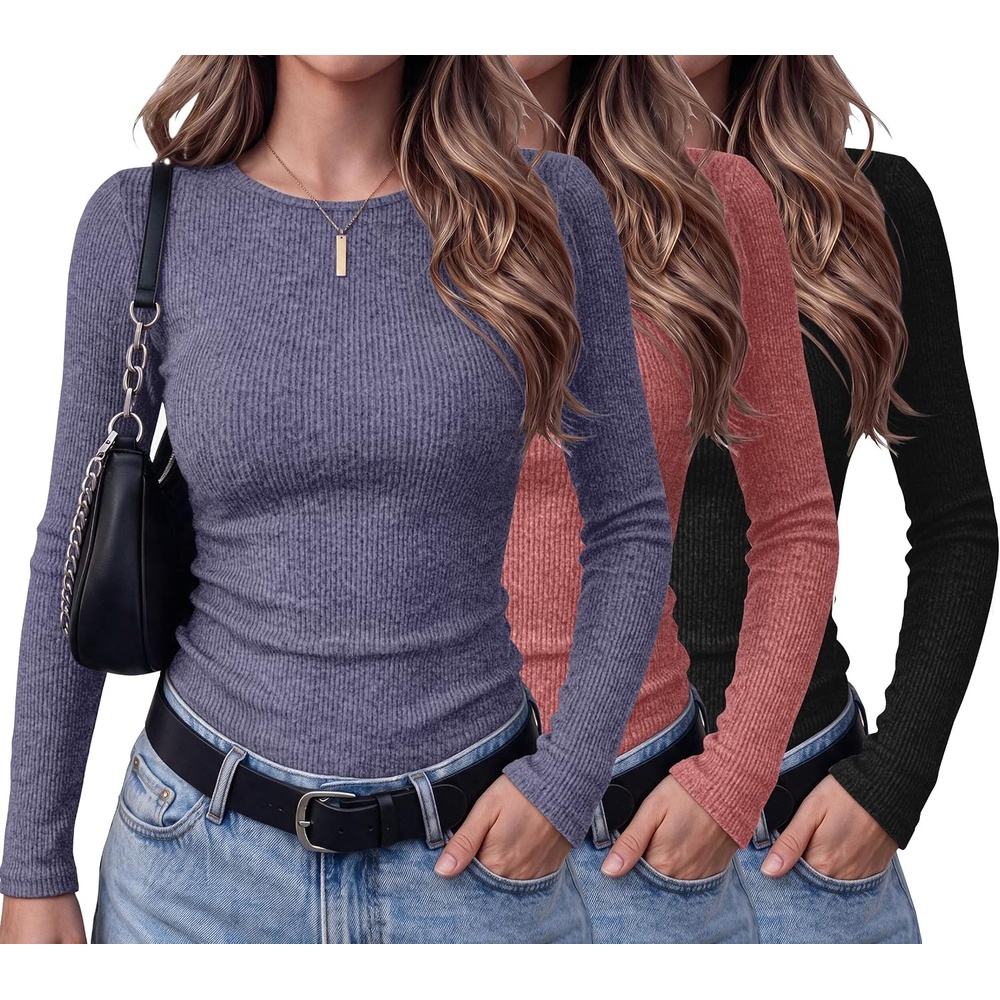 image:imageEkouaer Womens Long Sleeve Shirts Ribbed Tops Basic Thermal Undershirts3pcs Navy Blue Black Wine Red