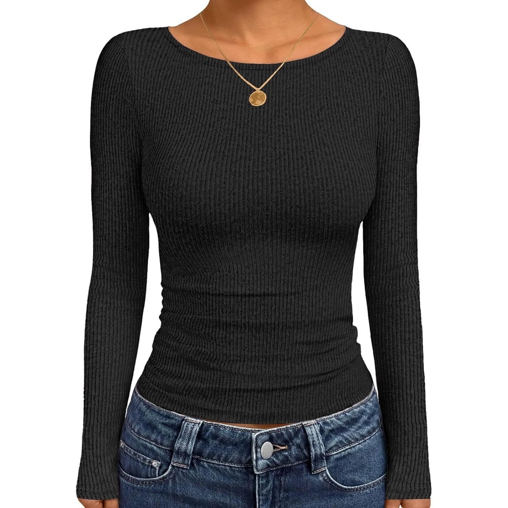 image:imageEkouaer Womens Long Sleeve Shirts Ribbed Tops Basic Thermal UndershirtsBlack