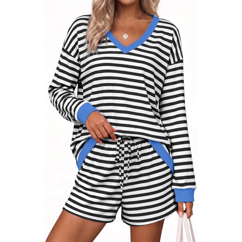 image:imageEkouaer Womens Lounge Sets 2 Piece Long Sleeve Casual Striped Matching SetBlack White Stripe