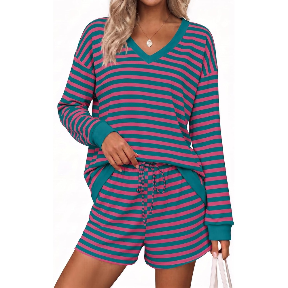 image:imageEkouaer Womens Lounge Sets 2 Piece Long Sleeve Casual Striped Matching SetBlue Pink Stripe