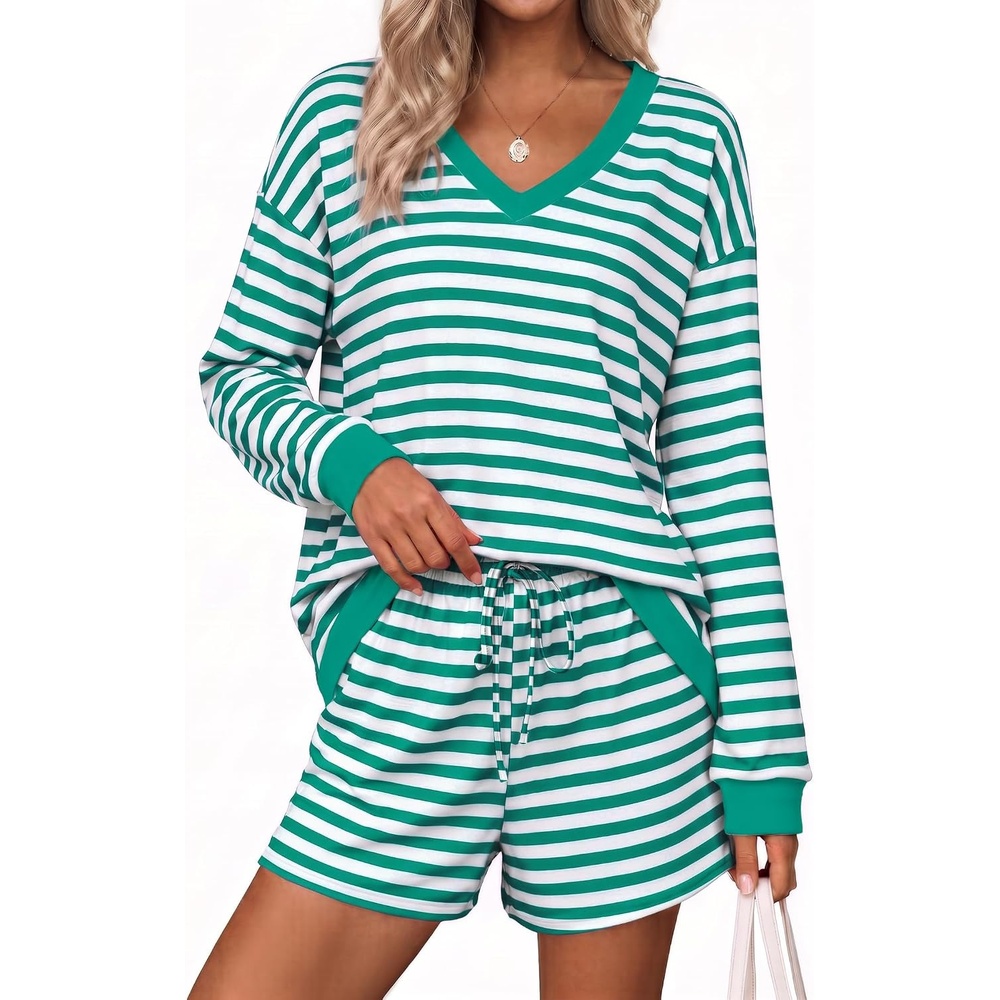 image:imageEkouaer Womens Lounge Sets 2 Piece Long Sleeve Casual Striped Matching SetGreen White Stripe