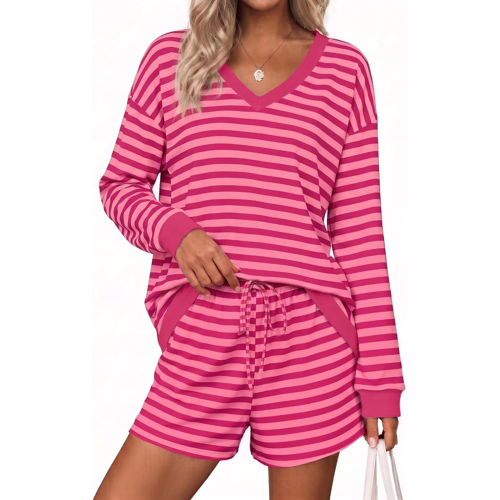 image:imageEkouaer Womens Lounge Sets 2 Piece Long Sleeve Casual Striped Matching SetPink Rose Stripe