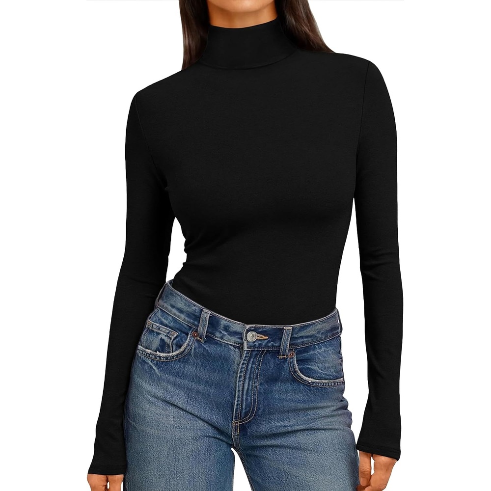 image:imageEkouaer Womens Mock Turtleneck Tops Fitted Long Sleeve ShirtsBlack