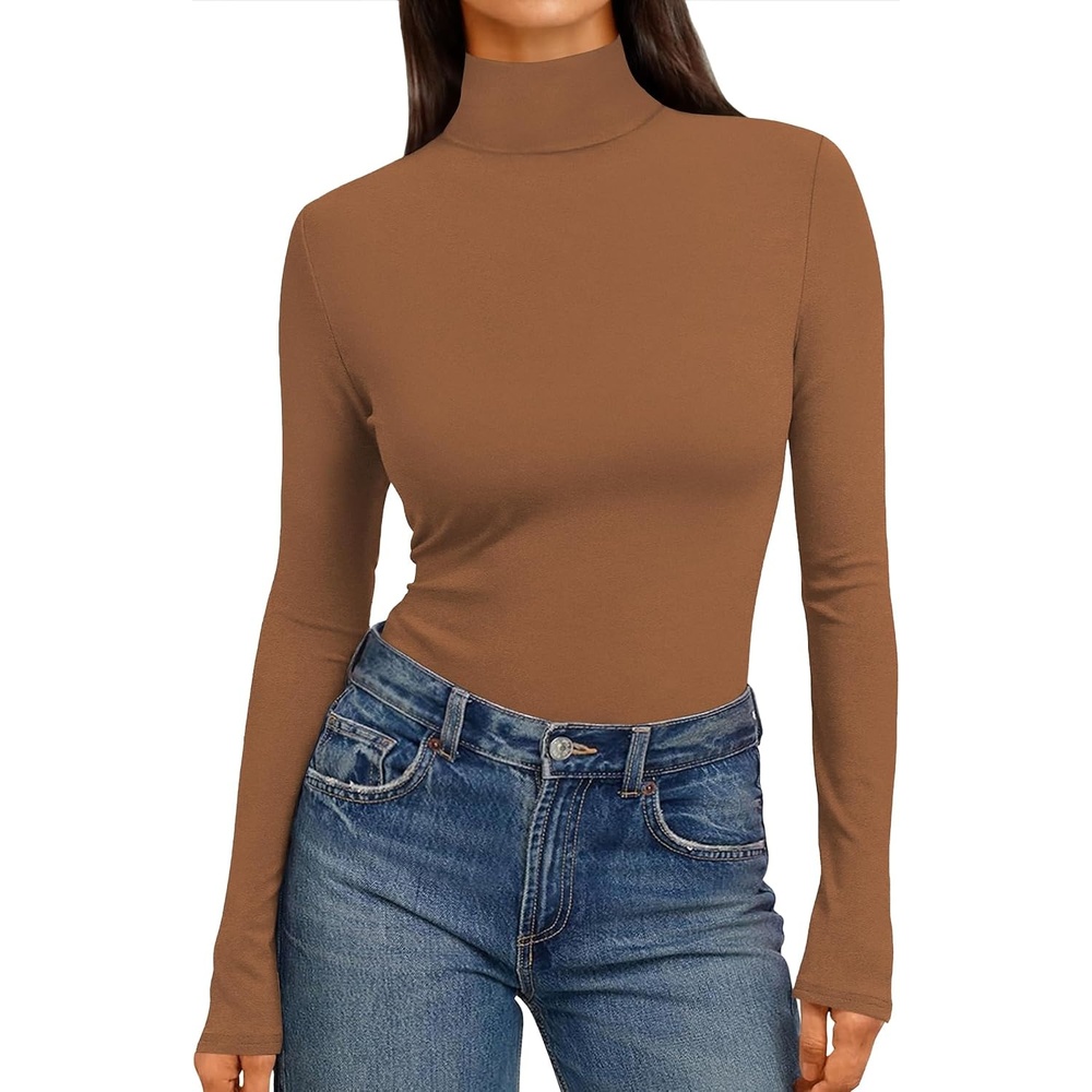 image:imageEkouaer Womens Mock Turtleneck Tops Fitted Long Sleeve ShirtsCaramel