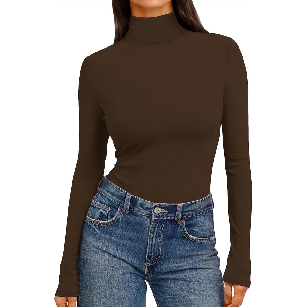 image:imageEkouaer Womens Mock Turtleneck Tops Fitted Long Sleeve ShirtsChocolate Brown