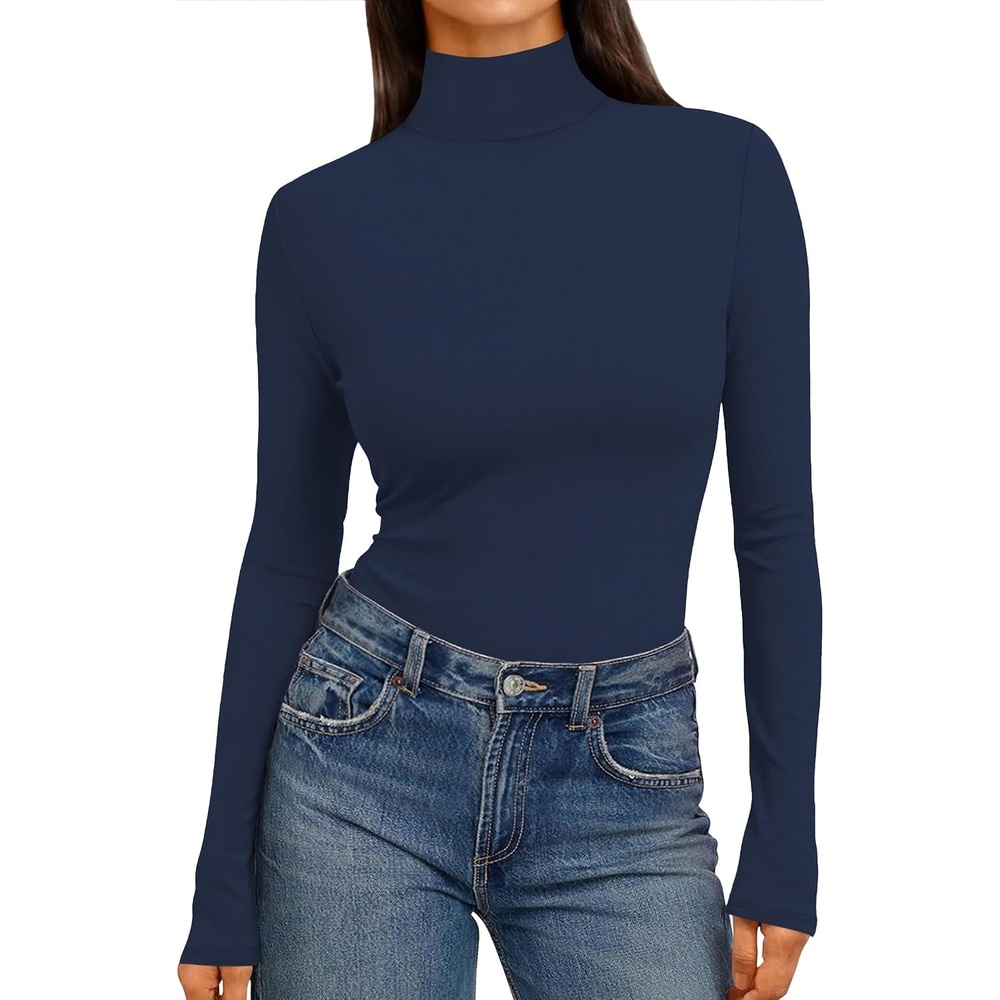 image:imageEkouaer Womens Mock Turtleneck Tops Fitted Long Sleeve ShirtsNavy