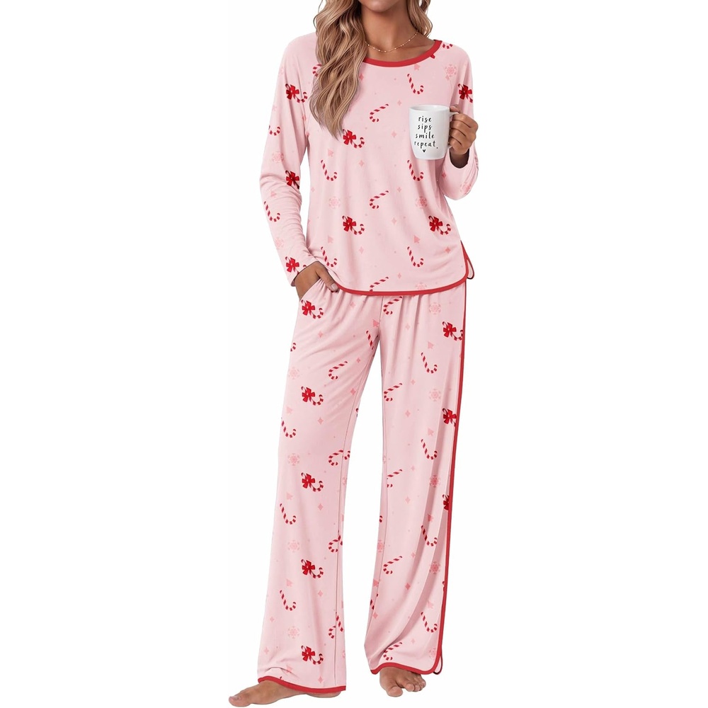 image:imageEkouaer Womens Pajama Sets 2 Piece Striped Loungewear Soft Matching PjsChristmas Pink Candy Cane