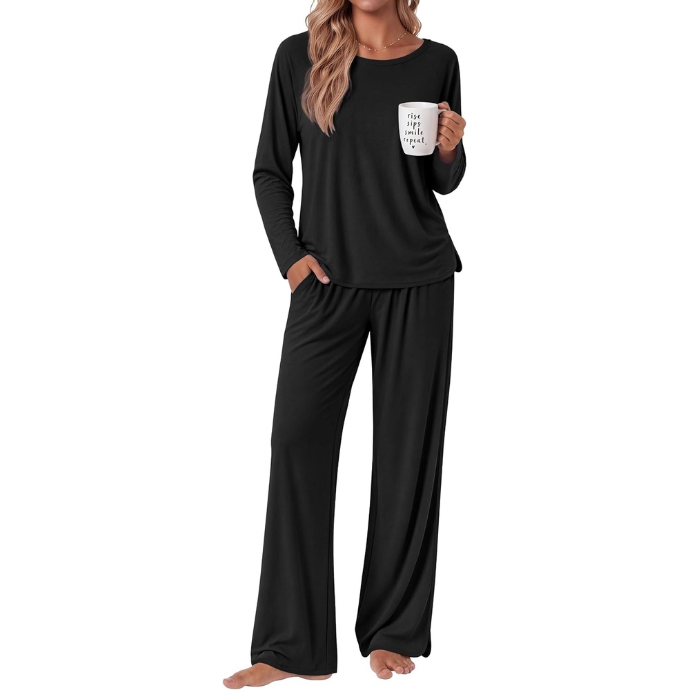 image:imageEkouaer Womens Pajama Sets 2 Piece Striped Loungewear Soft Matching PjsSolid Black