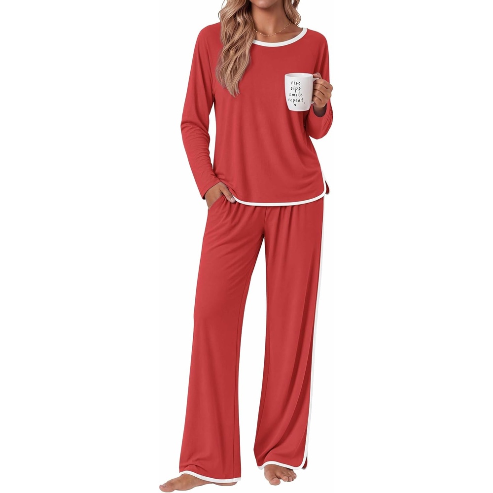 image:imageEkouaer Womens Pajama Sets 2 Piece Striped Loungewear Soft Matching PjsSolid Christmas Red