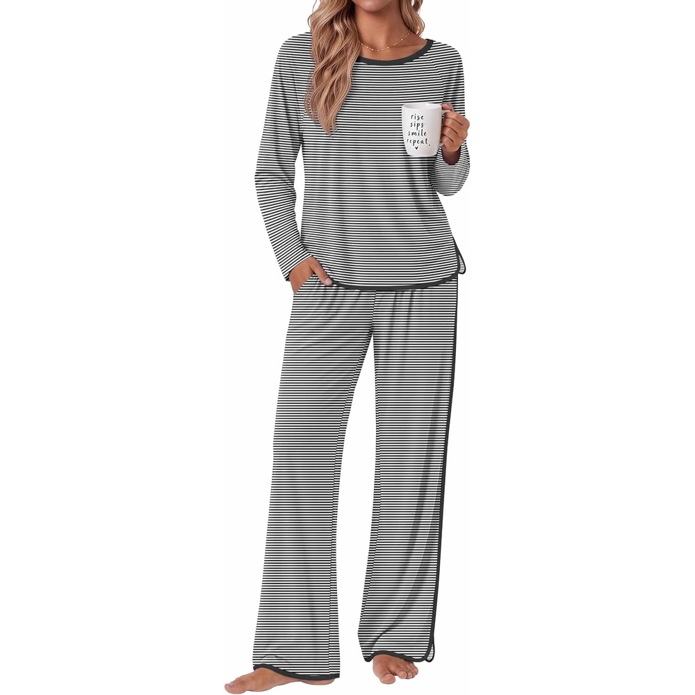image:imageEkouaer Womens Pajama Sets 2 Piece Striped Loungewear Soft Matching PjsStripe Blackwhite