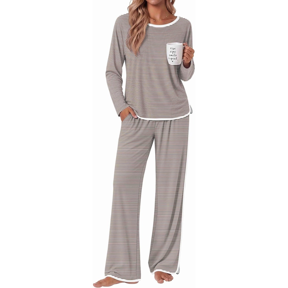image:imageEkouaer Womens Pajama Sets 2 Piece Striped Loungewear Soft Matching PjsStripe Brownwhite