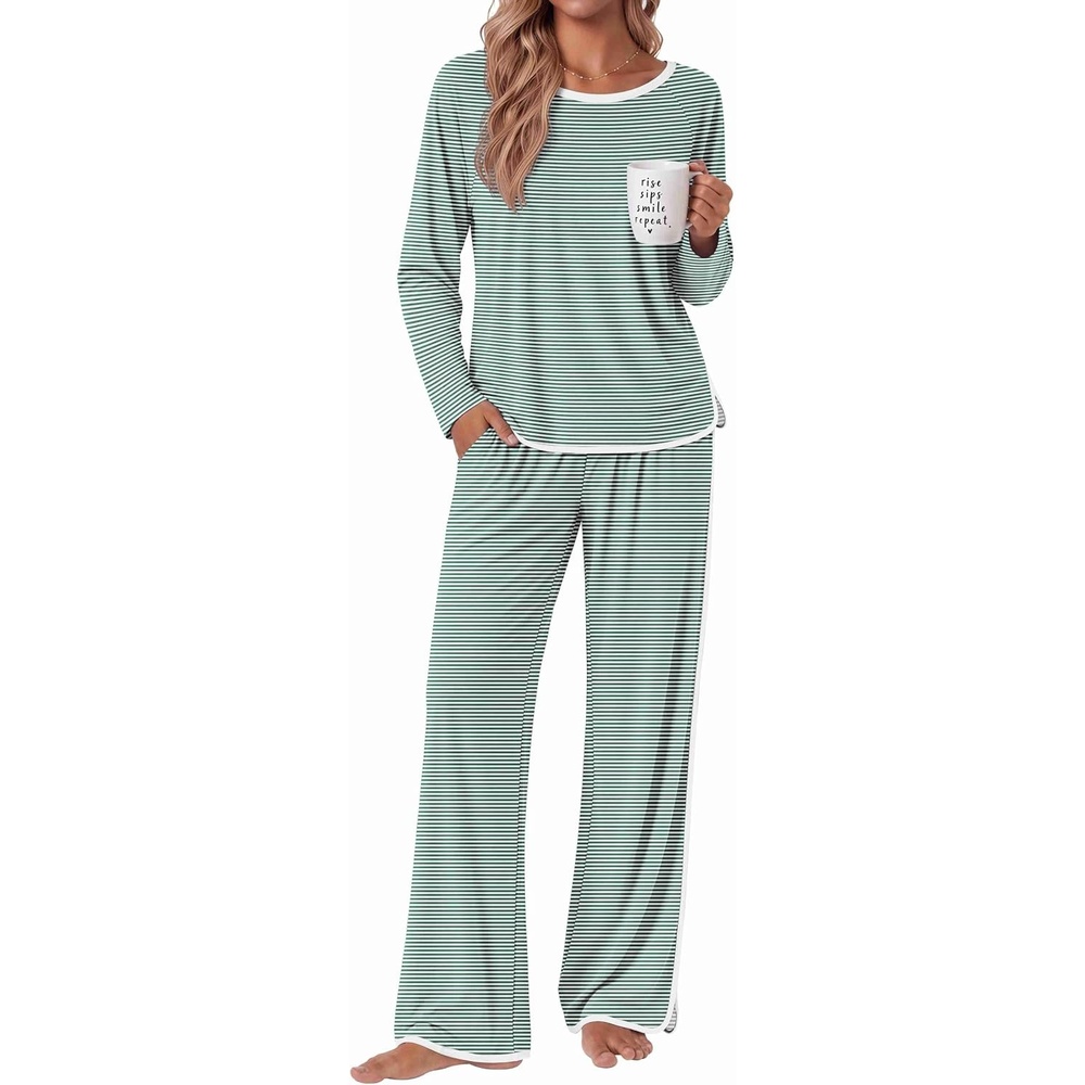 image:imageEkouaer Womens Pajama Sets 2 Piece Striped Loungewear Soft Matching PjsStripe Greenwhite
