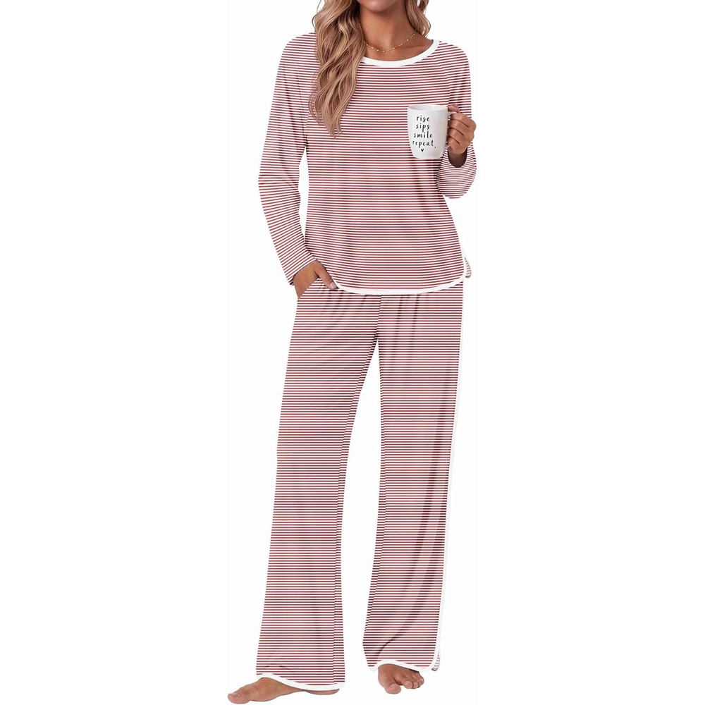 image:imageEkouaer Womens Pajama Sets 2 Piece Striped Loungewear Soft Matching PjsStripe Redwhite