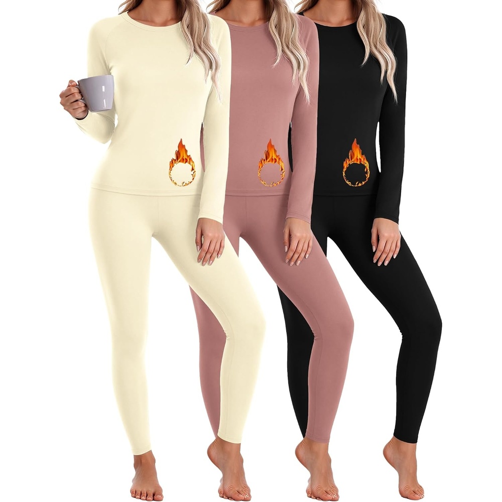 image:imageThermal Underwear for Women Fleece Linen Long John Sets Warm Base LayerBlack Dirty PinkBeige