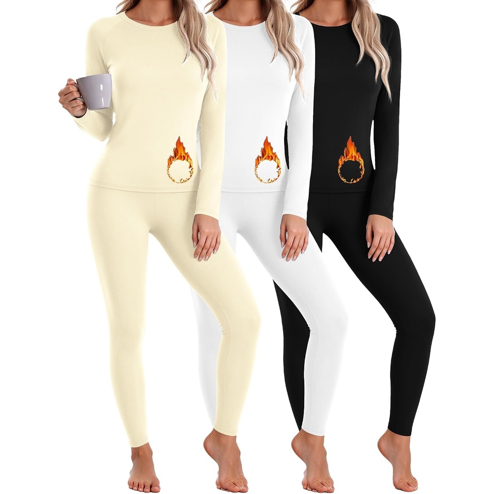 image:imageThermal Underwear for Women Fleece Linen Long John Sets Warm Base LayerBlackWhiteBeige