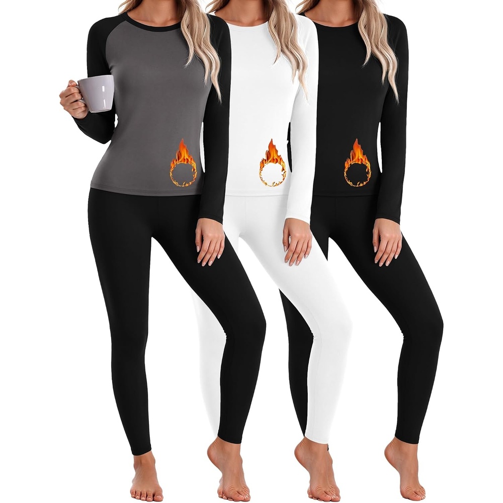 image:imageThermal Underwear for Women Fleece Linen Long John Sets Warm Base LayerBlackWhiteGrey