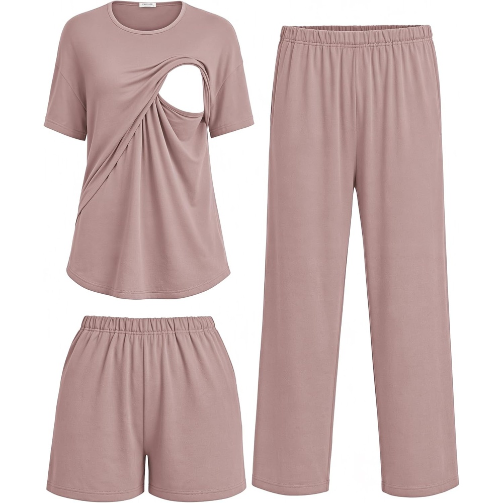 image:imageWomen 3Pcs Maternity Nursing Pajamas Sets Short Sleeve Breastfeeding PjsDirty Pink