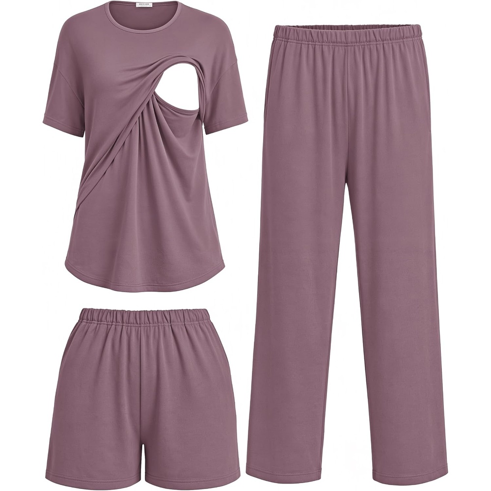 image:imageWomen 3Pcs Maternity Nursing Pajamas Sets Short Sleeve Breastfeeding PjsMagenta