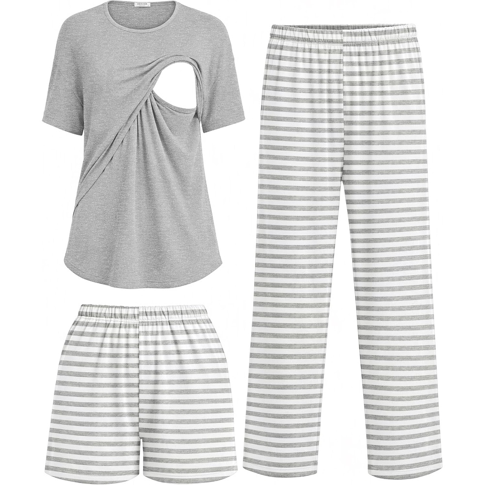 image:imageWomen 3Pcs Maternity Nursing Pajamas Sets Short Sleeve Breastfeeding PjsStripedlight Grey