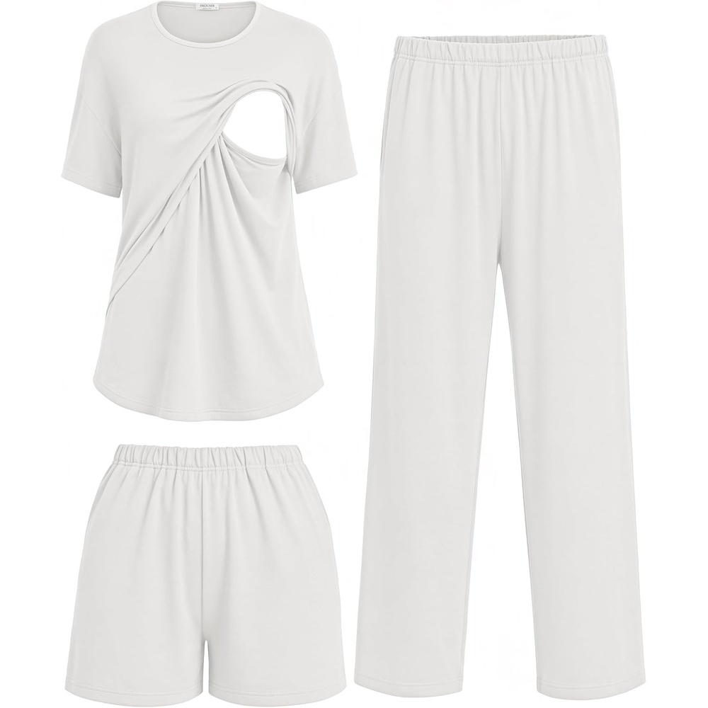 image:imageWomen 3Pcs Maternity Nursing Pajamas Sets Short Sleeve Breastfeeding PjsWhite