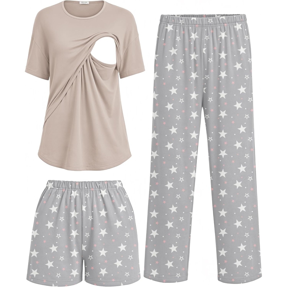 image:imageWomen 3Pcs Maternity Nursing Pajamas Sets Short Sleeve Breastfeeding PjsWhite Floral