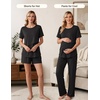 Women 3Pcs Maternity Nursing Pajamas Sets Short Sleeve Breastfeeding Pjs(Black)