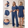 Women 3Pcs Maternity Nursing Pajamas Sets Short Sleeve Breastfeeding Pjs(Blue)