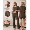 Women 3Pcs Maternity Nursing Pajamas Sets Short Sleeve Breastfeeding Pjs(Brown)