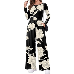 Ekouaer Long Sleeve Jumpsuits for Women Dressy Fall One Piece Outfits(Black Floral)