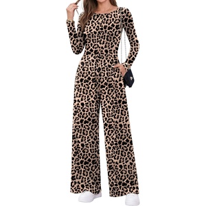 Ekouaer Long Sleeve Jumpsuits for Women Dressy Fall One Piece Outfits(Leopard)