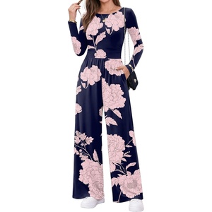 Ekouaer Long Sleeve Jumpsuits for Women Dressy Fall One Piece Outfits(Navy Floral)