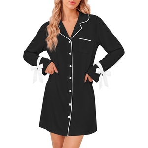 Ekouaer Nightgowns for Women Long Sleeve Button Down Bow Cuffs Sleep Shirt(Black)
