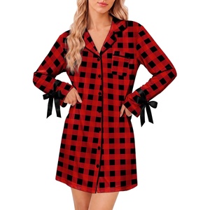 Ekouaer Nightgowns for Women Long Sleeve Button Down Bow Cuffs Sleep Shirt(Black Red Plaid)