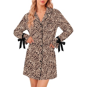 Ekouaer Nightgowns for Women Long Sleeve Button Down Bow Cuffs Sleep Shirt(Brown Leopard)