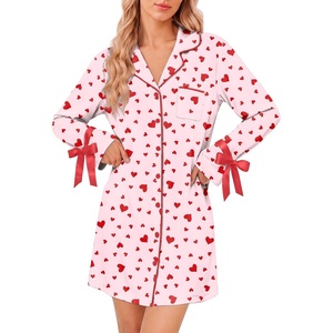 Ekouaer Nightgowns for Women Long Sleeve Button Down Bow Cuffs Sleep Shirt(Pink Heart)
