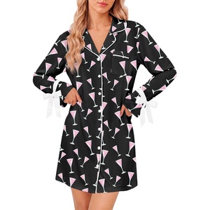 Ekouaer Nightgowns for Women Long Sleeve Button Down Bow Cuffs Sleep Shirt(Wine Glass)
