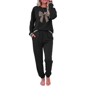Ekouaer Women’s 2 Piece Lounge Sets Casual Matching Set 2026 Fashion Outfit(Black -Leopard Bow)