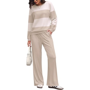 Ekouaer Women’s 2 Piece Sets Striped Lounge Sets Outfits Matching Clothing(Beige White Combo)