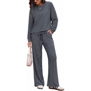 Ekouaer Women’s 2 Piece Sets Striped Lounge Sets Outfits Matching Clothing(Black White Combo)