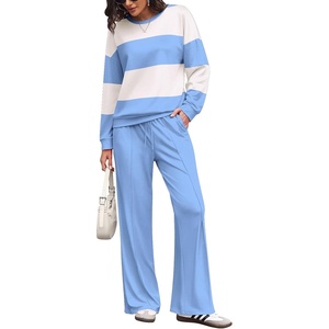 Ekouaer Women’s 2 Piece Sets Striped Lounge Sets Outfits Matching Clothing(Blue Beige Combo)