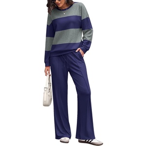 Ekouaer Women’s 2 Piece Sets Striped Lounge Sets Outfits Matching Clothing(Navy Grey Combo)