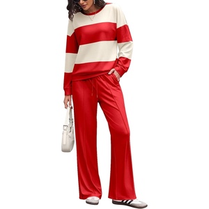 Ekouaer Women’s 2 Piece Sets Striped Lounge Sets Outfits Matching Clothing(Red Beige Combo)