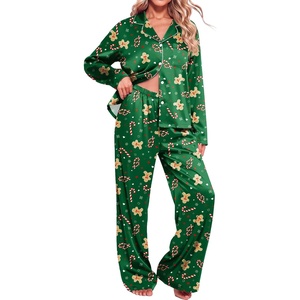 Ekouaer Womens Christmas Pajamas Silk Satin Pjs 2 Piece Striped Loungewear(Christmas Green Gingerbread Man)