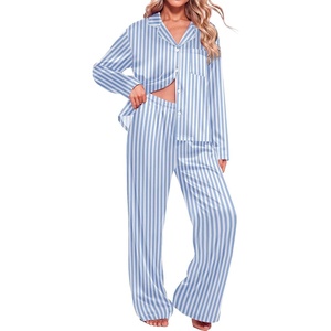 Ekouaer Womens Christmas Pajamas Silk Satin Pjs 2 Piece Striped Loungewear(Stripe Blue)