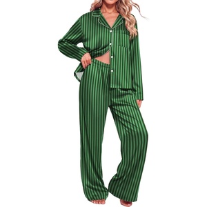 Ekouaer Womens Christmas Pajamas Silk Satin Pjs 2 Piece Striped Loungewear(Stripe Green)